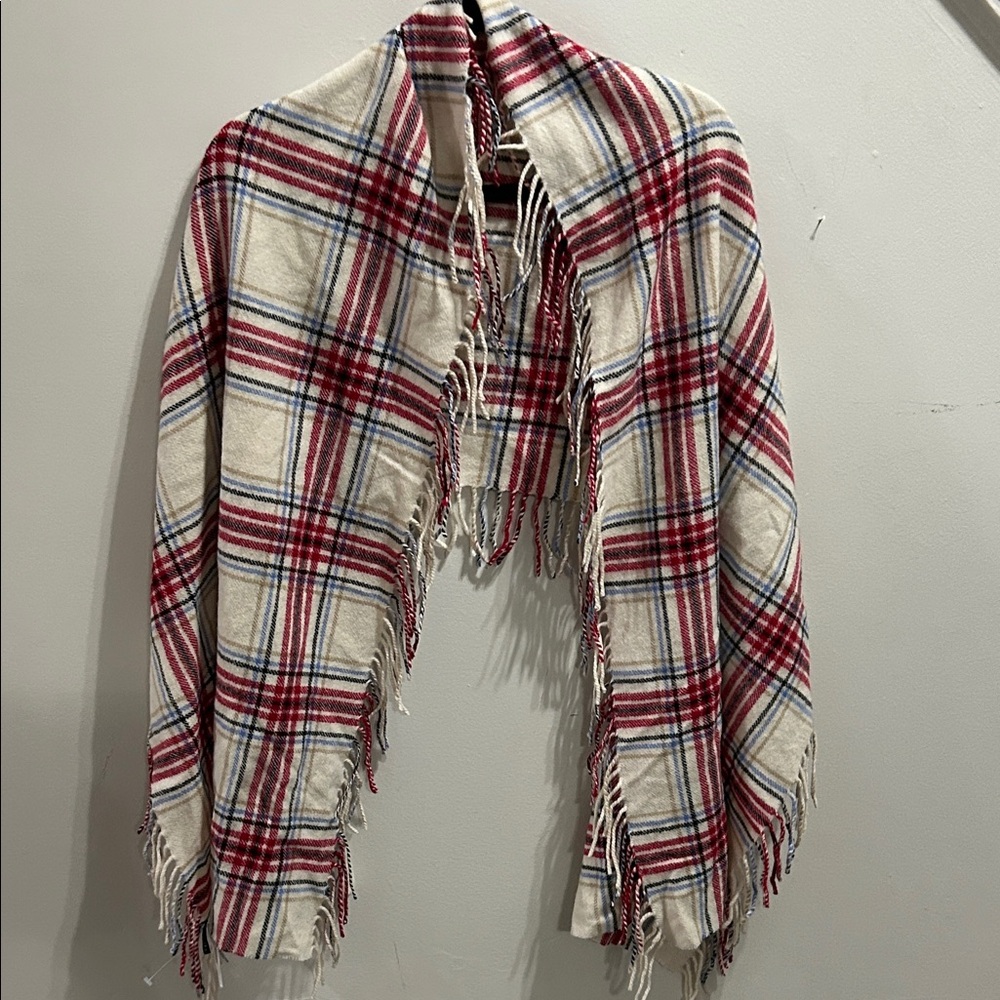 Talbots Red and Cream Plaid Fringe Wrap - Picture 1 of 7